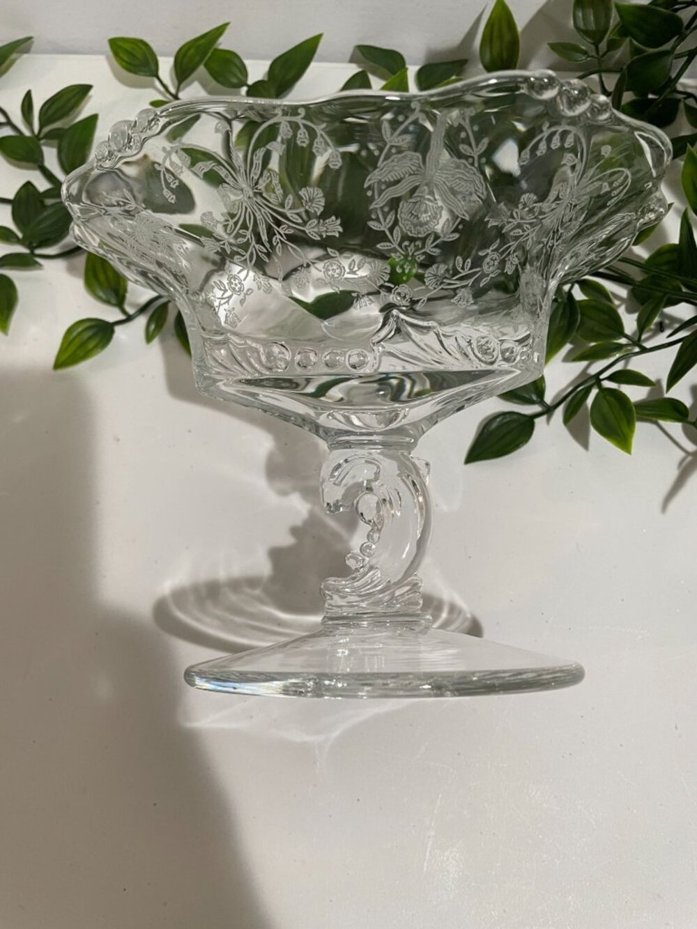 Vintage Crystal Etched Pedestal Candy Dish With Ornate Stem & Floral Design